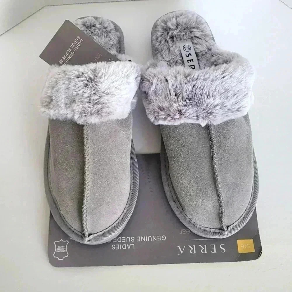 SERRA Genuine Suede Slippers Faux Fur Lining. (NEW)